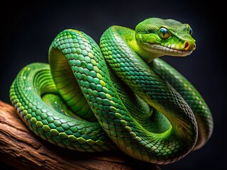 Fototapeta premium Green Tree Parrot Snake on Black: Striking Fashion Photography