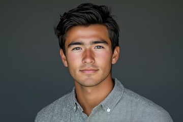 Obraz premium Portrait of a young man with dark hair and tan skin, looking directly at the camera with a calm expression.