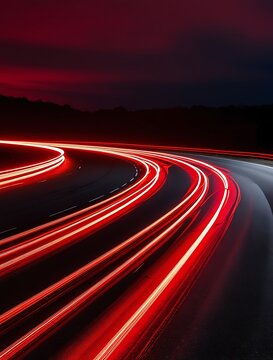 Long exposure shot of a highway at night with red and orange light trails curving through the darkness, creating a dynamic, futuristic, and high-speed motion effect in a vibrant urban scene

