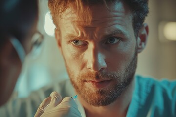 Close-up of a man receiving an injection, showing his apprehensive expression and the doctor's gloved hand.