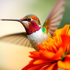 Fototapeta premium Colorful iridescent hummingbird bird close-up flower