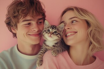 A young couple lovingly embraces an adorable kitten, sharing a tender moment.