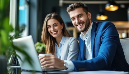 Smiling Business Colleagues Using Laptop in Modern Cafe