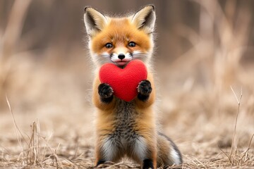 Digital ads animal conceptual art. Cute fox baby with critter animal toy red heart on in a natural habitat. Fox - my preferred animal. Sweet animal romance. Affectionate wild creatures.