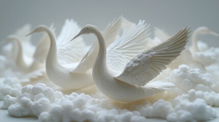 Sculpted swans in white clouds, art display