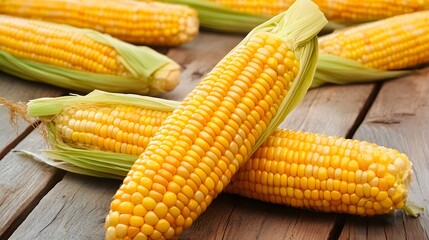 Fresh Yellow Corn on the Cob Wooden Background