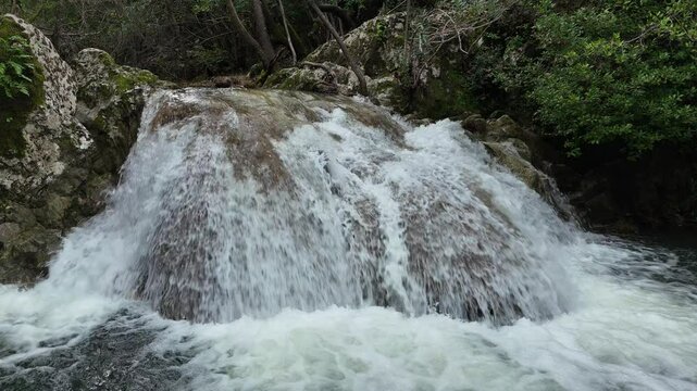 Drone flight over Stathula Polylimnio Waterfall, Peloponnese, Greece