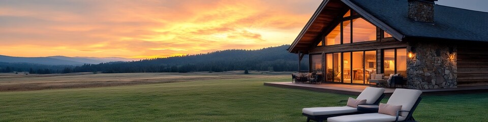 Fototapeta premium Rustic Log Cabin Sunset View Mountain Landscape with Golden Hour Lighting