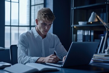 Fototapeta premium Focused Young Man Working on Laptop in Modern Office