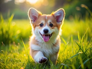 Happy Corgi Mix Puppy Running in a Lush Green Meadow Landscape