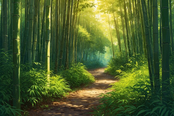 Fototapeta premium Anime style of winding path in dense bamboo forest with soft sunlight filtering through the leaves