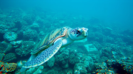 Sea turtle swims under water on the background of coral reefs