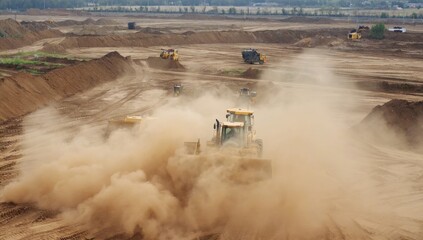Fototapeta premium Construction vehicles working on a dusty site industrial landscape aerial view