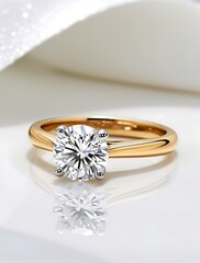 Luxury gold engagement ring with a brilliant round-cut diamond reflecting light on a glossy surface, featuring an elegant and timeless design, symbolizing love and commitment.

