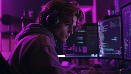 Young Man with Headphones Concentrating on Computer Screens in Purple Neon Light