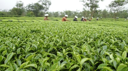 Vibrant Green Tea Plantation: Workers Harvesting Fresh Tea Leaves in the Field