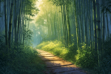 Fototapeta premium Anime style of foggy bamboo paths diverging with soft whispers of wind and enchanting glowing light