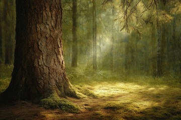 Obraz premium Sunlit forest scene with a large tree, mossy ground, and peaceful atmosphere.