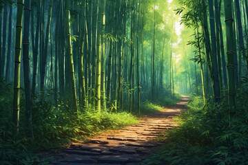 Fototapeta premium Mysterious bamboo forest crossroads with swaying leaves and hazy light in detailed anime style
