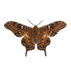 Obraz premium Vivid Atlas moth displaying intricate earthy patterns wings outstretched against a white background