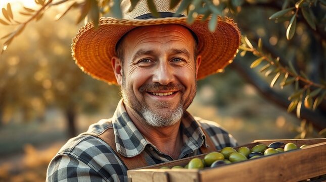 Smiling man in a straw hat holding a wooden crate of freshly picked olives in an olive grove  