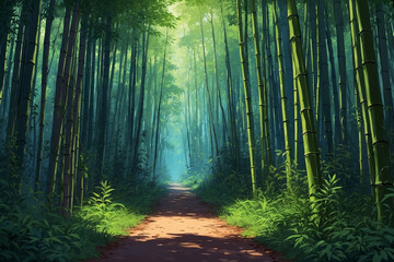 Obraz premium Anime style forest gate formed by giant bamboo with eerie silence and aura of another realm