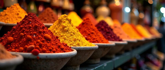 Moroccan spice market with overflowing baskets of red, yellow, orange. new falce image