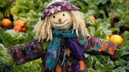 Rustic Charm: Traditional Scarecrow Guarding Lush Vegetable Garden