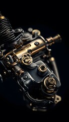 A detailed closeup reveals intricate elements of steampunk machinery