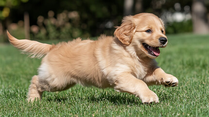 A small golden retriever puppy is running through a grassy field