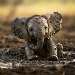 Fototapeta premium Adorable baby elephant sitting in mud.