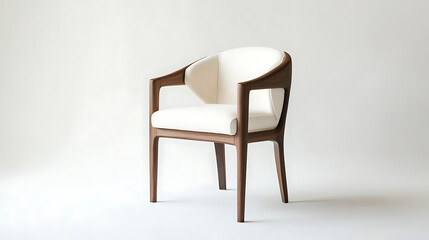 A wooden chair with a white cushion sits on a white background