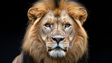 Naklejka premium Majestic Male Lion with Golden Mane Isolated on Black Background