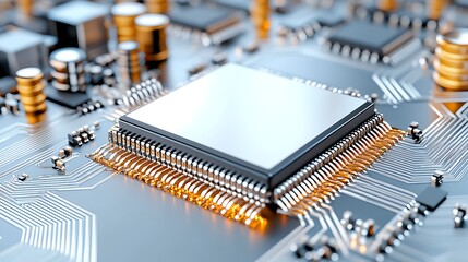 Close-up of computer chip on circuit board technology digital environment macro view innovation