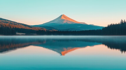 Sunrise reflecting on a tranquil lake with a majestic mountain in the background.