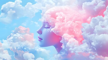 Surreal Mind Surrounded by Soft Pastel Cloud Formations in Dreamlike Landscape