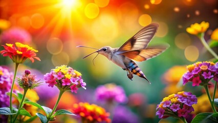 Hummingbird Moth in Flight, Bokeh Background, Macro Photography