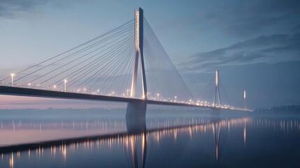 Modern cable-stayed bridge spanning a misty river at dawn.