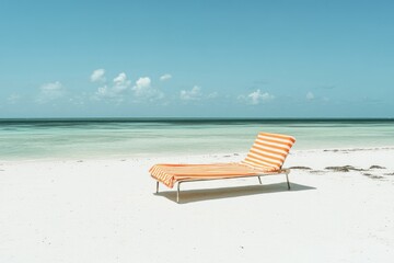 Obraz premium A solitary orange and white striped chaise lounge rests on a pristine white sand beach overlooking a calm turquoise ocean under a clear blue sky.