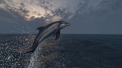 Obraz premium Dolphin leaping from ocean at sunset. (1)