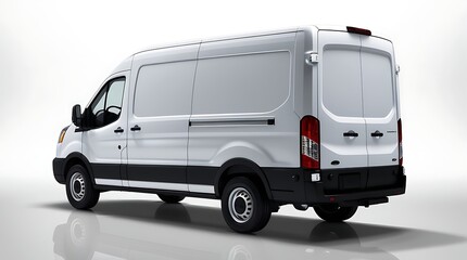 Rear view of a modern white cargo van with a minimalistic design, isolated on a neutral background, showcasing its clean exterior, transportation functionality, and delivery purpose.

