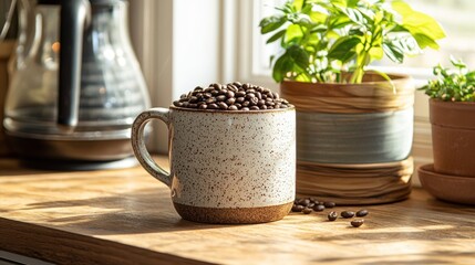Coffee beans in a mug on kitchen windowsill.