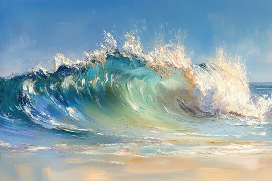 A vibrant oil painting depicts a powerful ocean wave crashing on a sandy beach under a clear blue sky.