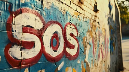 Vintage Graffiti Artwork with 50s Inspired Distress SOS Message on Textured Urban Wall