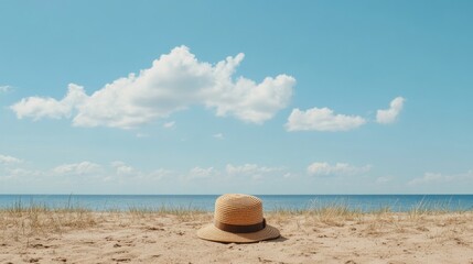 Straw hat on sandy beach, ocean view, sunny day
