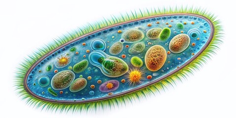 Illustrated Paramecium Caudatum: Single-celled Eukaryotic Organism Microscopic Biology