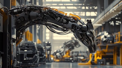 Futuristic robotic arm resembling a dragon in a manufacturing facility with intricate details showcasing advanced technology and industrial design