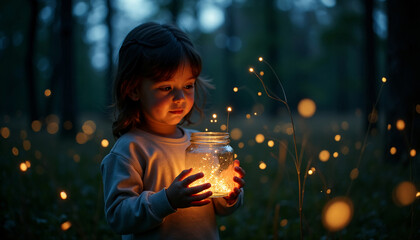 Young girl holding glowing jar in enchanted forest. AI image