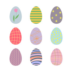Easter eggs set colorful decorated in festive tones holiday symbol, flat style hand drawn vector illustration for spring celebration time decor, greeting cards, invitations, banners, web design
