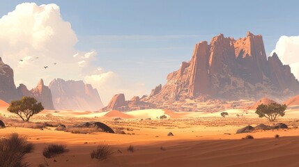 Naklejka premium Sunlit desert landscape with rocky mountains and sparse vegetation.